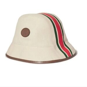 Gucci Leather-Trimmed Striped Linen-Canvas Bucket Hat Size L Unisex